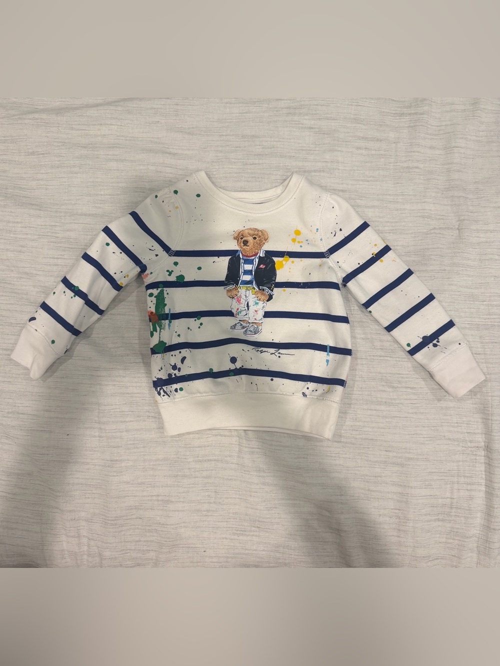 Polo by Ralph Lauren White & Navy Striped Bear Paint-Splash Sweatshirt